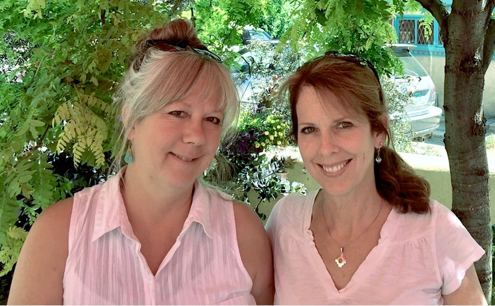 Two women in pink shirts smiling for a picture.